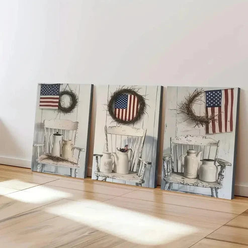 3pcs Old White Chair Two Milk Jugs Lovers Flag Wall Art Canvas Unframed - High Quality Print 100% Australian Made Wall Canvas
