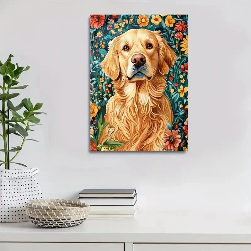 Beautiful Golden Retriever Dog & Floral Botanical 40x60cm Metal Print Ready to Hang - Bella Home Decor