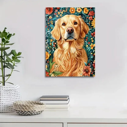 Beautiful Golden Retriever Dog & Floral Botanical 40x60cm Metal Print Ready to Hang - Bella Home Decor