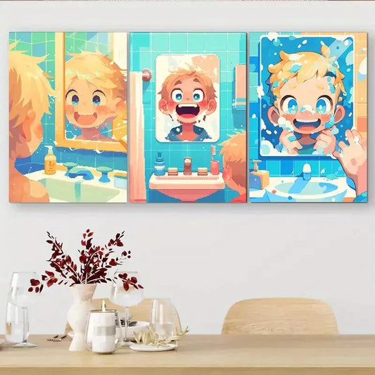 3pcs Cute Boy Washing Face Comic - style Wall Art Set Canvas Framed 40x60cm - High Quality Print 100% Australian Made Wall Canvas Ready to Hang