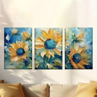3pcs a Painting of Sunflowers in Blue and Yellow Wall Art Set Canvas Framed 50x70cm - High Quality Print 100% Australian Made Wall Canvas Ready to Hang - Bella Home Decor