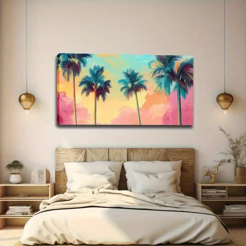 Palm Trees & Gradient Sky Wall Art canvas office home room framed 120x60cm - Bella Home Decor