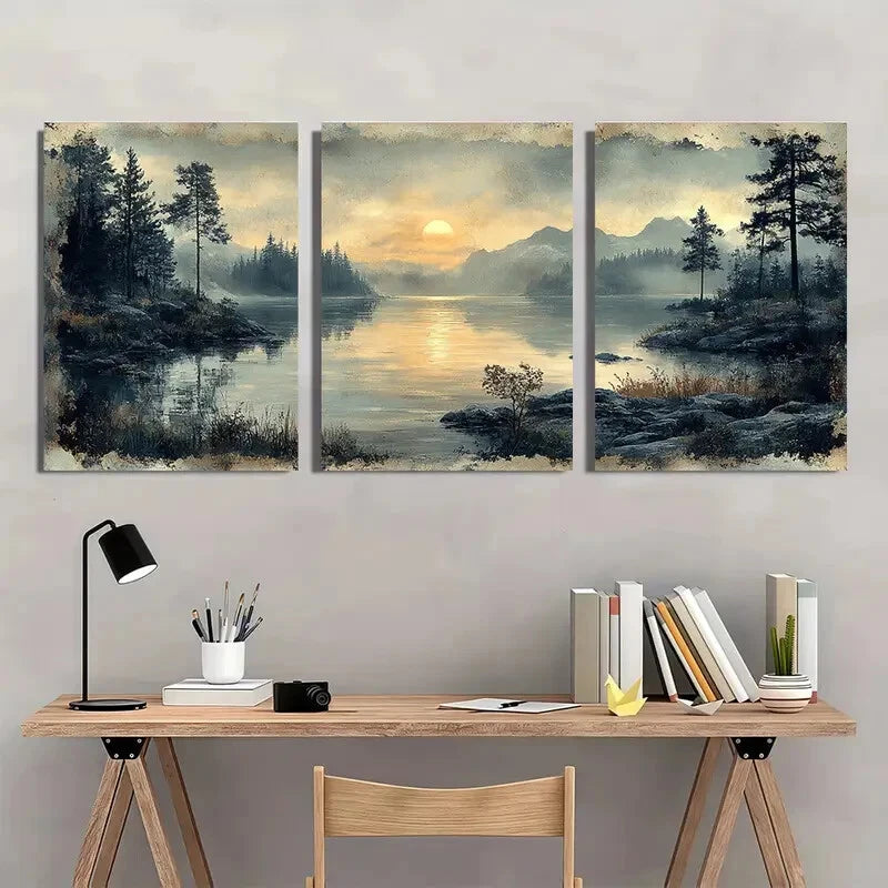 3pcs Serene Sunset by the Lake Landscape Scene Metal Print Ready to Hang Art - Bella Home Decor