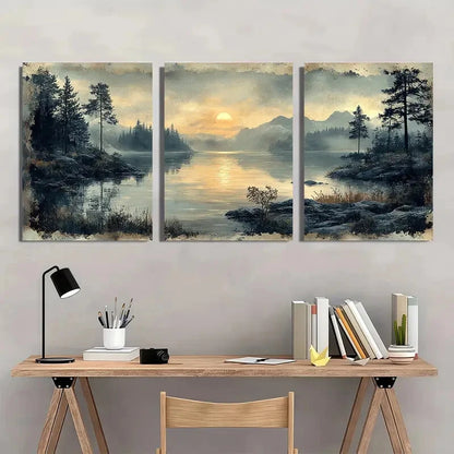 3pcs Serene Sunset by the Lake Landscape Scene Metal Print Ready to Hang Art - Bella Home Decor