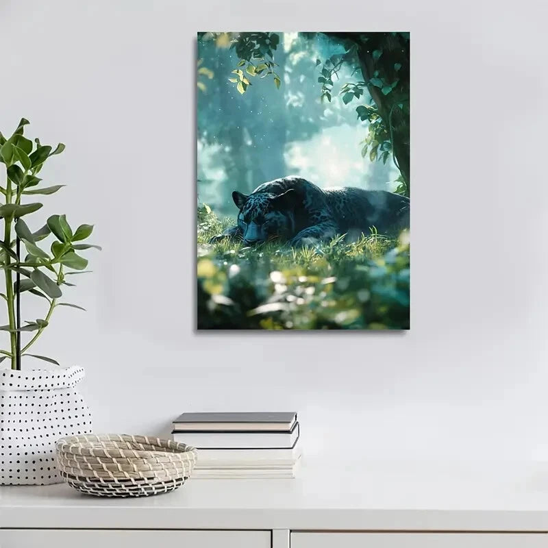 Enchanted Forest Panther Morning Mist Scene Painting 40x60cm Metal Print Ready to Hang