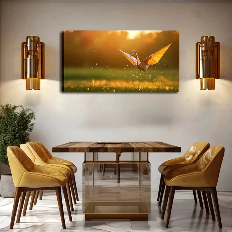 Flying Origami Crane Over Grass Wall Art Canvas Office Home Room Framed 120x60cm - Bella Home Decor