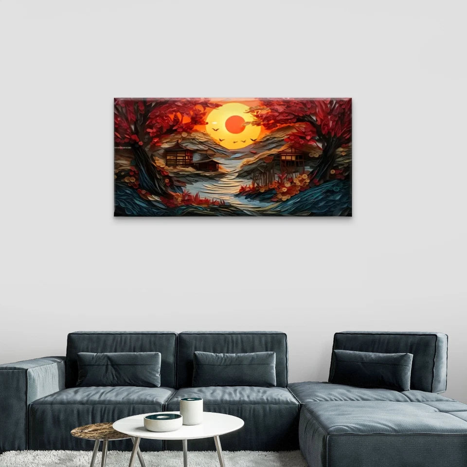 Sunset River Trees Red Perfect Wall Art Canvas Office Home Room Framed 120x60cm
