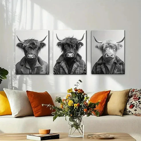 3pcs Highland Cow Portrait Fluffy Black Perfect Wall Art Set Canvas Unframed - High Quality Print 100% Australian Made Wall Canvas