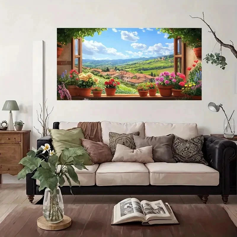 Floral Window View Modern Wall Art Canvas Office Home Room Framed 120x60cm