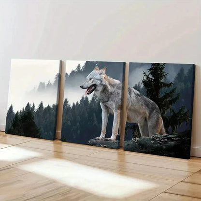 3pcs Wolf on a Rock Top in a Forest Wall Art Set Canvas Framed 40x60cm - High Quality Print 100% Australian Made Wall Canvas Ready to Hang - Bella Home Decor