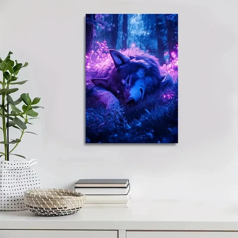 Enchanting Wolf In Magical Forest Painting 40x60cm Metal Print Ready to Hang - Bella Home Decor