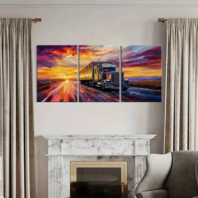 3pcs Retro Truck On Highway at Sunset Wall Art Set Canvas Framed 50x70cm - High Quality Print 100% Australian Made Wall Canvas Ready to Hang
