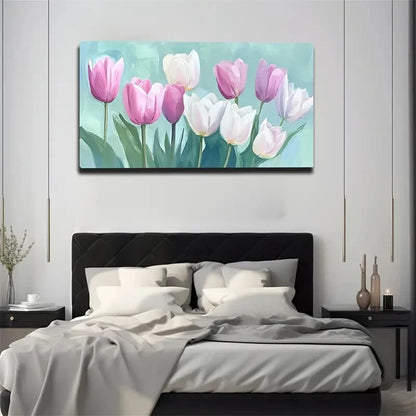 White & Light Blue Pink Tulip Wall Art Canvas Office Home Room Framed 120x60cm - Bella Home Decor