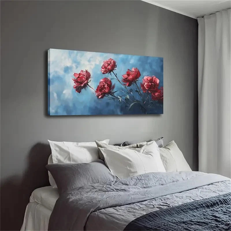 Vibrant Red Roses On Blue Sky Wall Art Canvas Office Home Room Framed 120x60cm