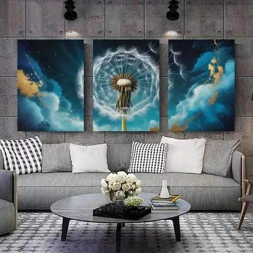 3pcs Dandelion, Blue Abstract Botanical Wall Art Canvas Unframed - High Quality Print 100% Australian Made Wall Canvas - Bella Home Decor