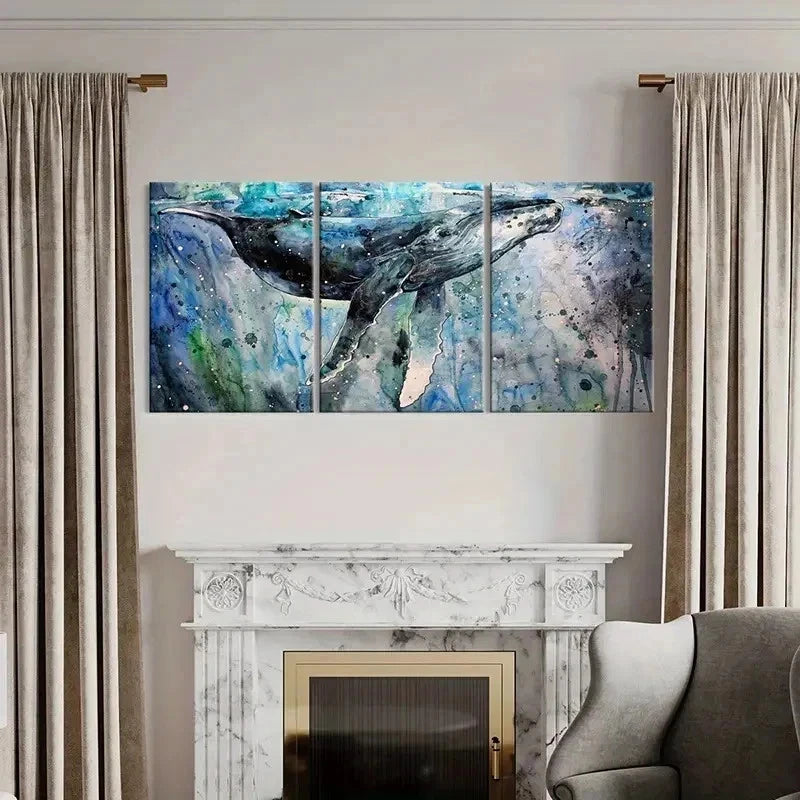 3pcs Sea Life Mammals Whales Splash Ink Wall Art Set Canvas Framed 60x90cm - High Quality Print 100% Australian Made Wall Canvas Ready to Hang - Bella Home Decor