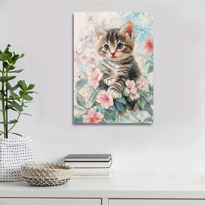 Flowers And Plants Cute Tabby Kitten Painting 40x60cm Metal Print Ready to Hang
