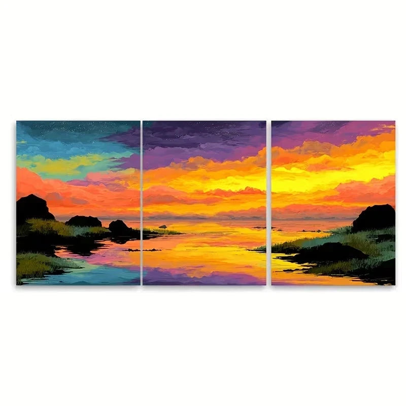 3pcs Vibrant Ocean & Beach Scene with Sunrise Wall Art Set Canvas Framed 40x60cm – High Quality Print 100% Australian Made Wall Canvas Ready to Hang