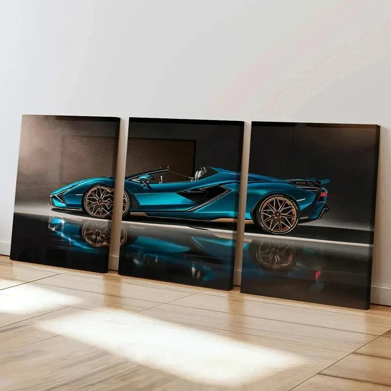 3pcs Blue Color Super Car Modern Vehicle Wall Art Set Canvas Framed 60x90cm - High Quality Print 100% Australian Made Wall Canvas Ready to Hang - Bella Home Decor