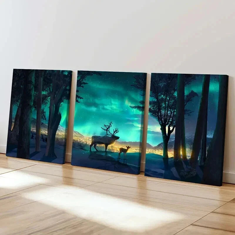 3pcs Modern Aurora Countryside Elk Deer Wall Art Set Canvas Framed 50x70cm - High Quality Print 100% Australian Made Wall Canvas Ready to Hang - Bella Home Decor