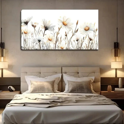 Vibrant White Daisies Flowers Wall Art Canvas Office Home Room Framed 120x60cm - Bella Home Decor