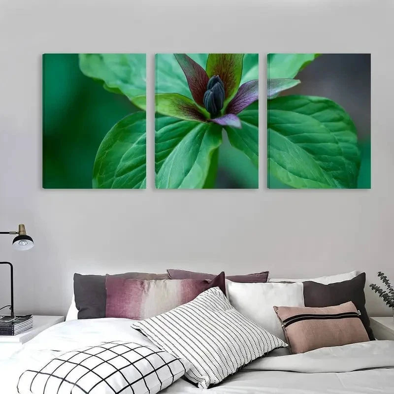 3pcs Vibrant Green Leaves & Purple Flower Bud  Wall Art Set Canvas Framed 50x70cm - High Quality Print 100% Australian Made Wall Canvas Ready to Hang - Bella Home Decor