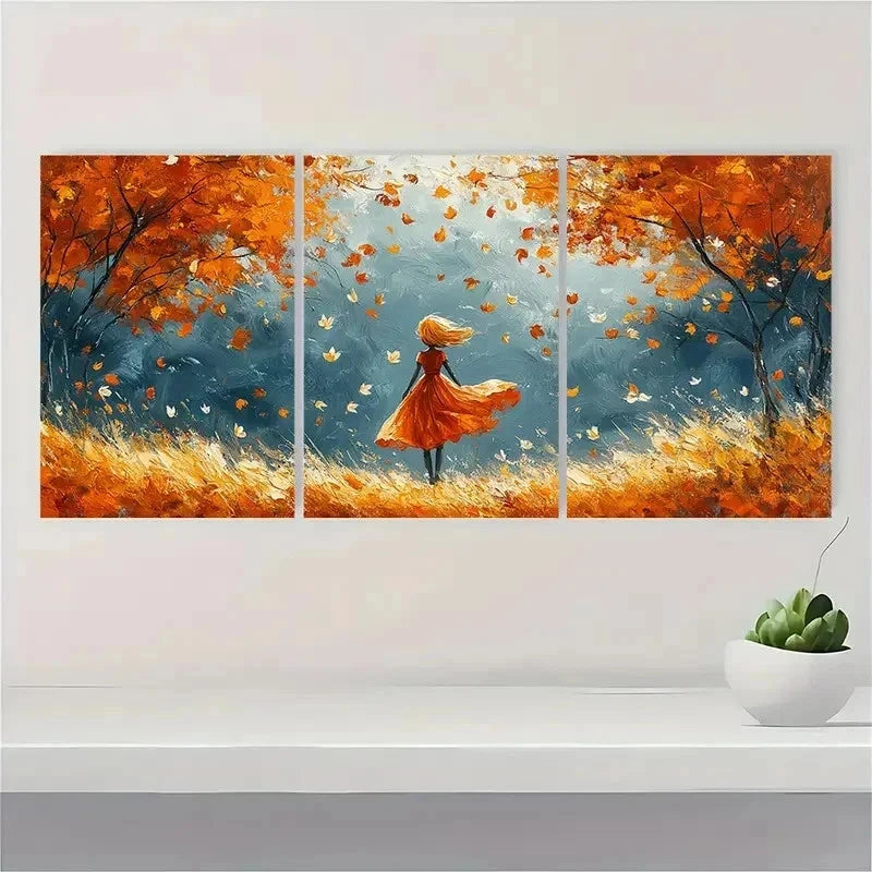 3pcs Falling Leaves Girl Fine Art Print E   Wall Art Set Canvas Framed 50x70cm - High Quality Print 100% Australian Made Wall Canvas Ready to Hang - Bella Home Decor