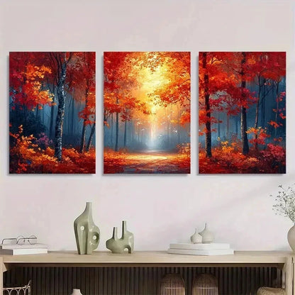 3pcs Warm Autumn Forest Orange & Red Trees Wall Art Set Canvas Framed 60x90cm - High Quality Print 100% Australian Made Wall Canvas Ready to Hang - Bella Home Decor