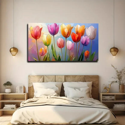 Multicoloured Tulips Underneath Wall Art Canvas Office Home Room Framed 120x60cm