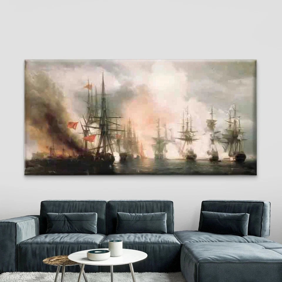 Epic Naval Battle with Warships Wall Art Canvas Office Home Room Framed 120x60cm