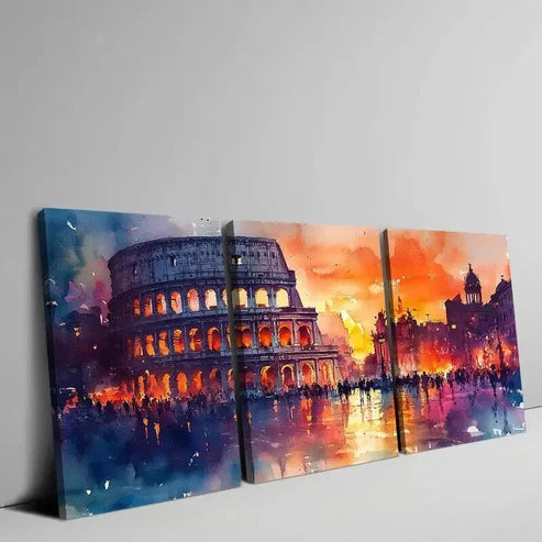 3pcs Vibrant Watercolor Colosseum Sunset  Art Set Canvas Unframed - High Quality Print 100% Australian Made Wall Canvas