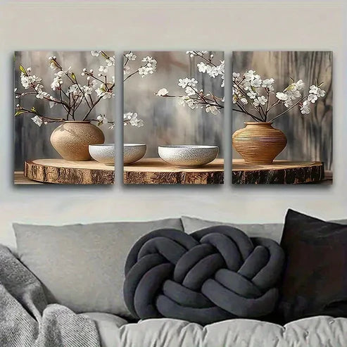 3pcs Rustic Vase and Bowl Set with Cherry Wall Art Set Canvas Unframed - High Quality Print 100% Australian Made Wall Canvas - Bella Home Decor