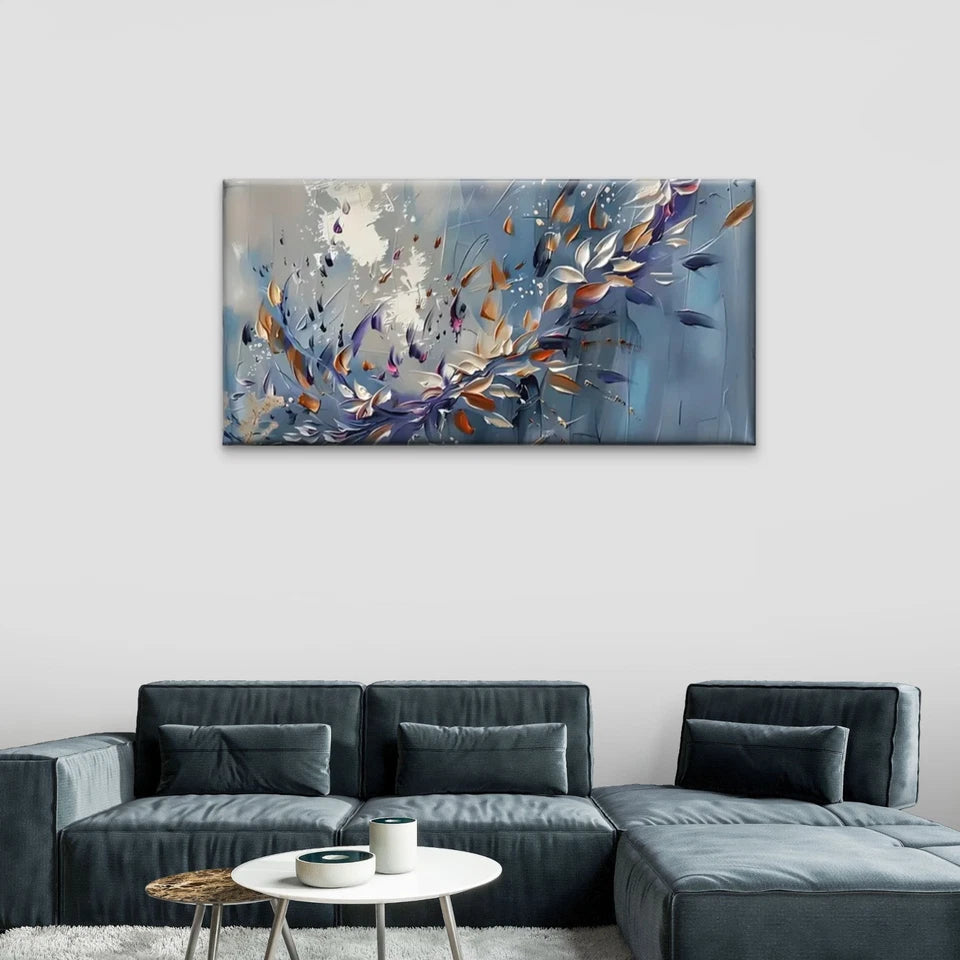 Blue White Flowers Abstract Wall Art Canvas Office Home Room Framed 120x60cm