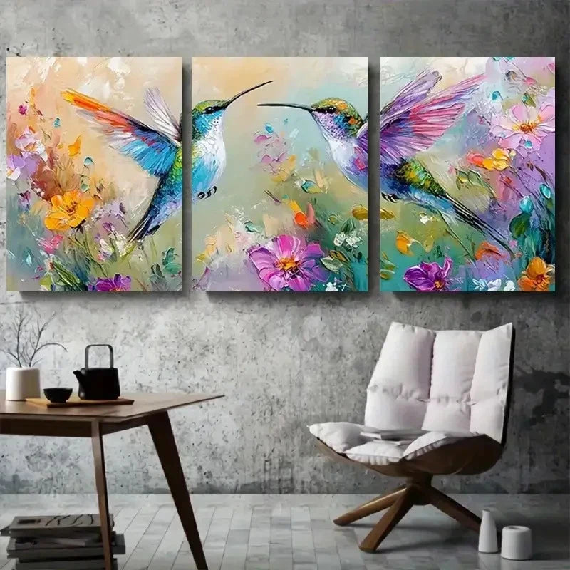 3pcs Colorful Hummingbirds in Blooming Garden Metal Print Ready to Hang Art - Bella Home Decor