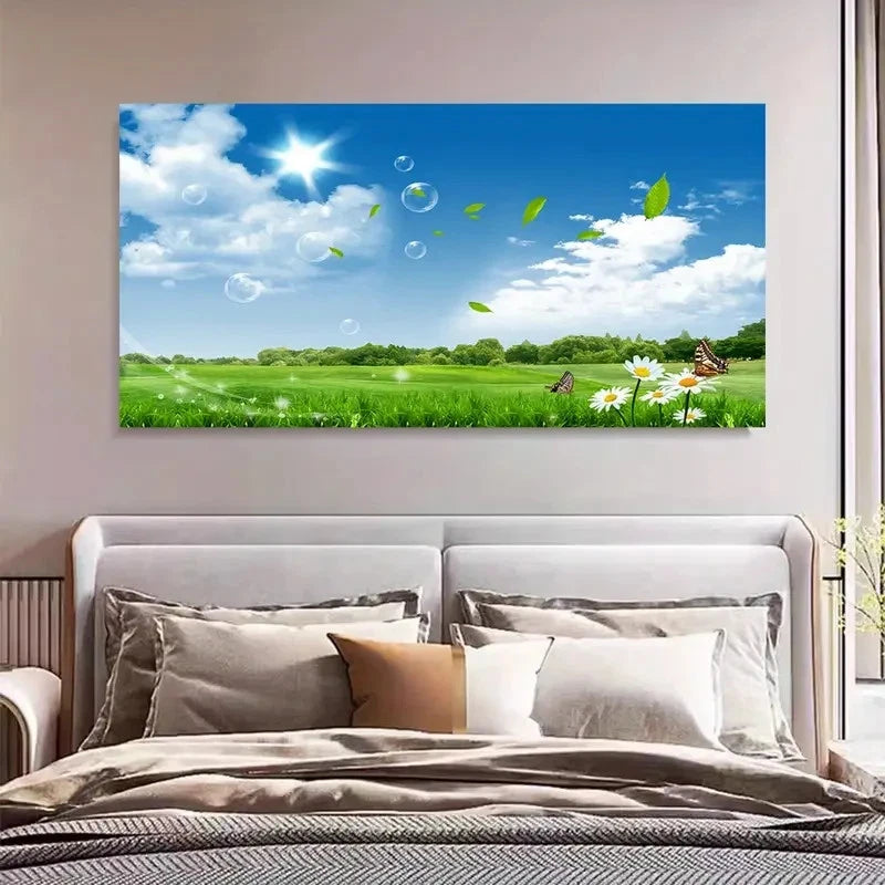 Spring Bliss White Clouds Wall Art Canvas Office Home Room Framed 120x60cm - Bella Home Decor