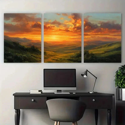 3pcs Golden Sunset Over Rolling Hills Perfect Wall Art Canvas Framed 60x90cm - Bella Home Decor