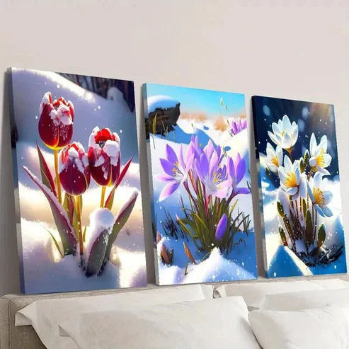 3pcs Red Tulip & Crocus in Snow Surface Wall Art Set Canvas Unframed - High Quality Print 100% Australian Made Wall Canvas