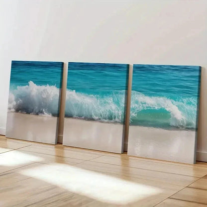 3pcs Ocean Wave Turquoise Water Sandy Beach Wall Art Set Canvas Framed 60x90cm - High Quality Print 100% Australian Made Wall Canvas Ready to Hang - Bella Home Decor