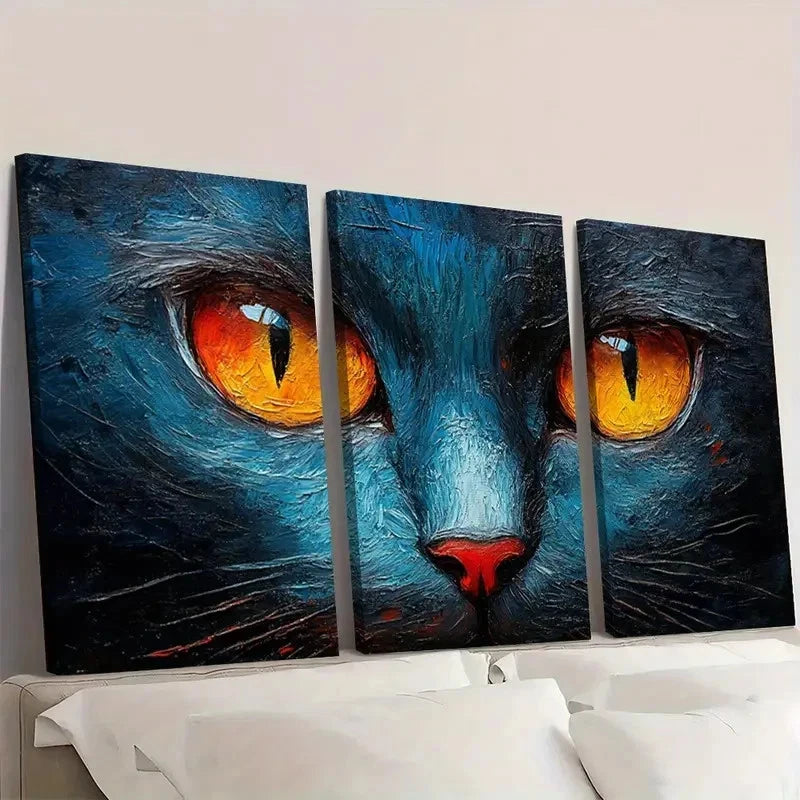 3pcs Abstract Cats Painting Orange Eyes Wall Art Set Canvas Framed 60x90cm - High Quality Print 100% Australian Made Wall Canvas Ready to Hang - Bella Home Decor