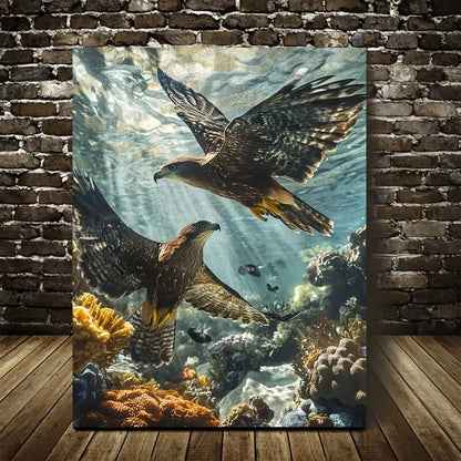 Hawk Chasing Each Other Underwater Coral Reef 40x60cm Metal Print Ready to Hang - Bella Home Decor