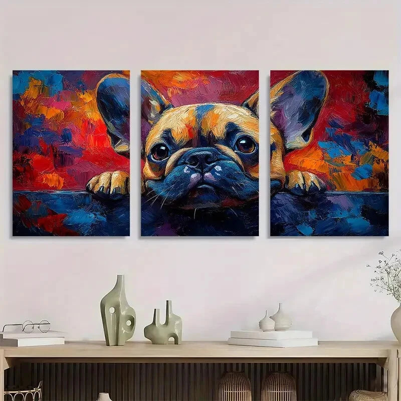 3pcs French Bulldog Palette Knife Painting Metal Print Ready to Hang Art - Bella Home Decor