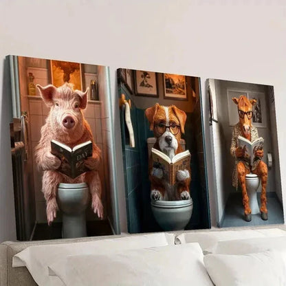 3pcs Funny Pig Dog & Horse in Bathroom Wall Art Canvas Unframed - High Quality Print 100% Australian Made Wall Canvas - Bella Home Decor