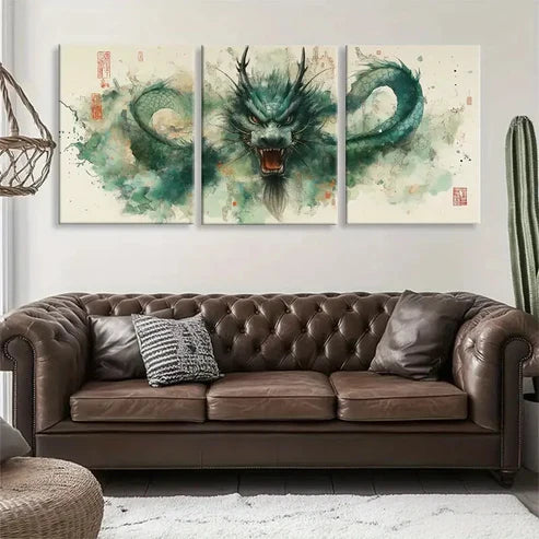 3pcs Majestic Green Dragon with Flowing Wall Art Canvas Unframed - High Quality Print 100% Australian Made Wall Canvas