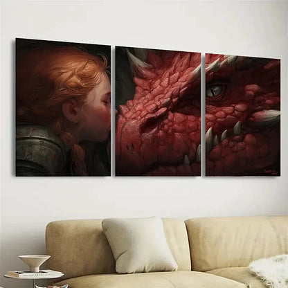3pcs The Girl And Her Dragon Fantasy Gamer Art Wall Art Set Canvas Framed 60x90cm - High Quality Print 100% Australian Made Wall Canvas Ready to Hang