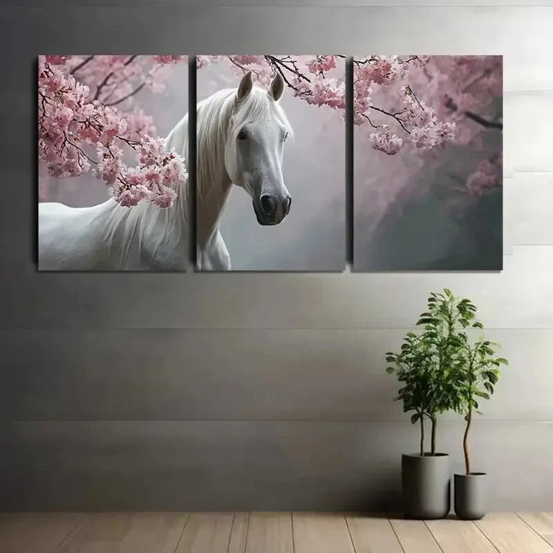 3pcs Cherry Blossom Tree with Petals White Horse Metal Print Ready to Hang Art - Bella Home Decor