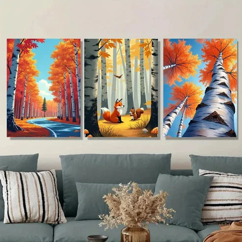 3pcs Autumn Forest Scene Fox and Squirrels Tree Wall Art Set Canvas Unframed - High Quality Print 100% Australian Made Wall Canvas - Bella Home Decor