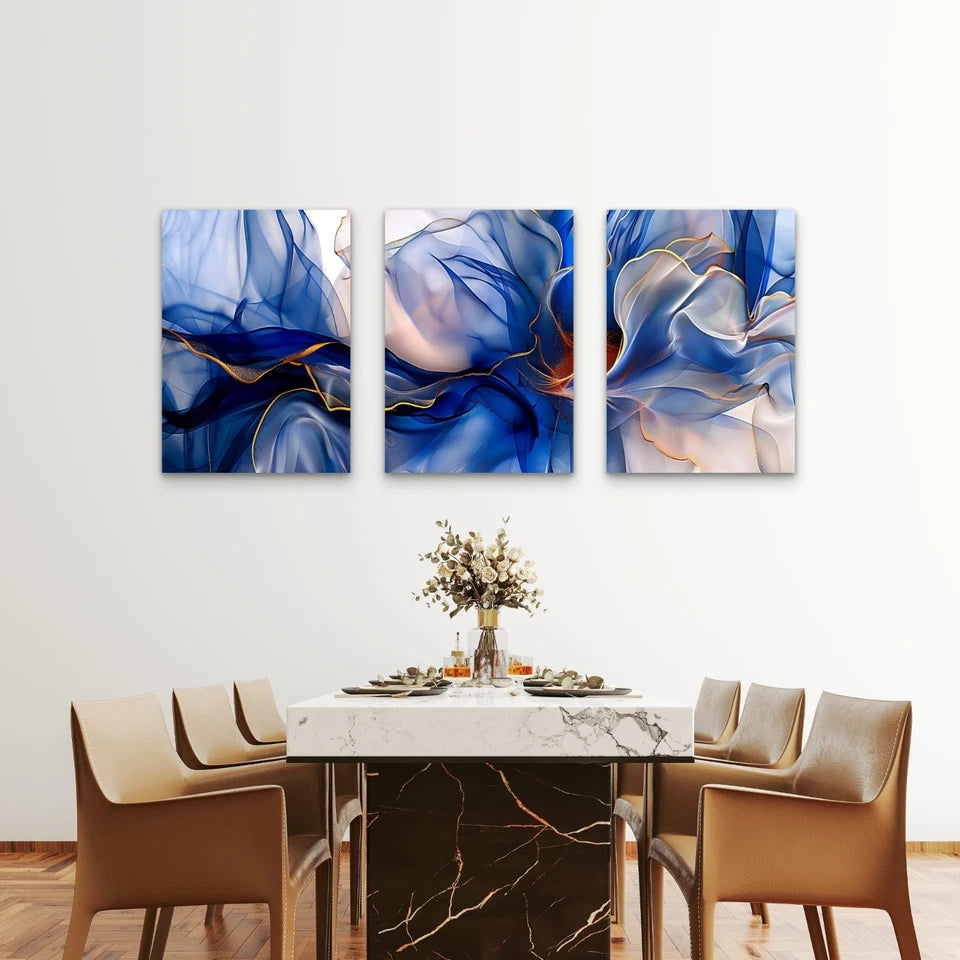 3pcs Modern Blue Alcohol Ink Triptych Wall Art Set Canvas Framed 60x90cm - High Quality Print 100% Australian Made Wall Canvas Ready to Hang - Bella Home Decor