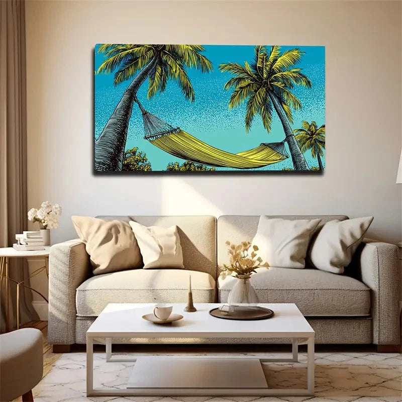 Tropical Beach Scene With Palm Wall Art Canvas Office Home Room Framed 120x60cm