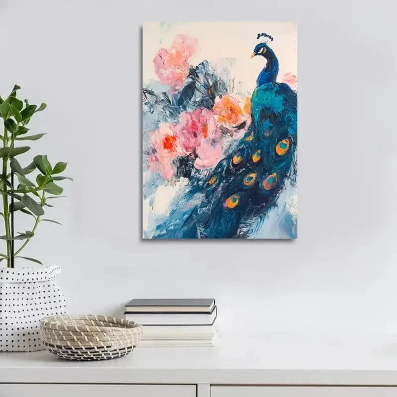 Contemporary Peacock & Peonies Abstract Floral  40x60cm Metal Print Ready to Hang