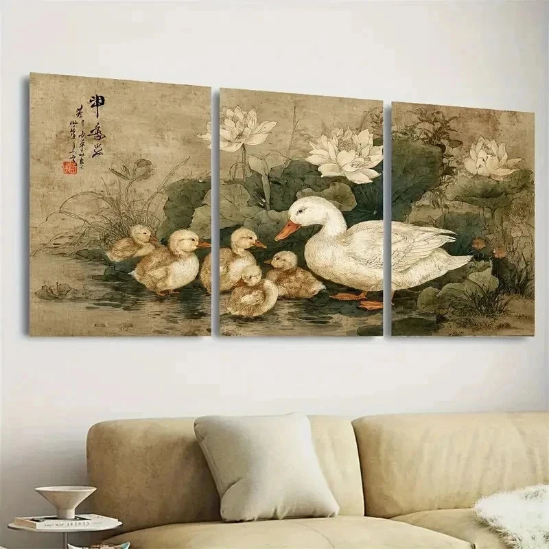 3pcs Vintage Japanese Duck and Ducklings Wall Art Set Canvas Framed 60x90cm - High Quality Print 100% Australian Made Wall Canvas Ready to Hang - Bella Home Decor